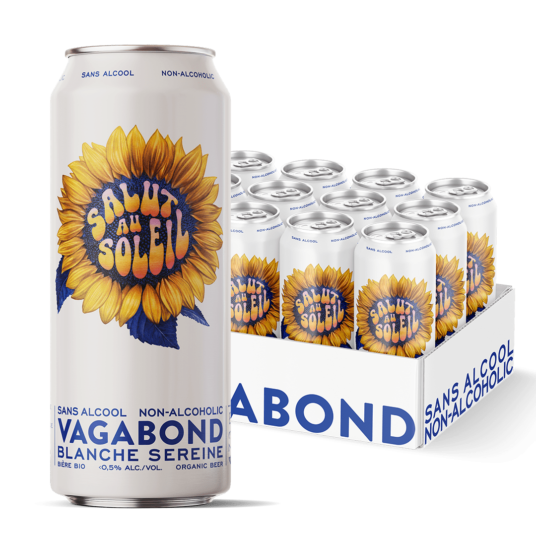 Salut au Soleil Bieres Vagabond biere sans alcool citron gingembre canette 473ml et caisse de 12 bières.