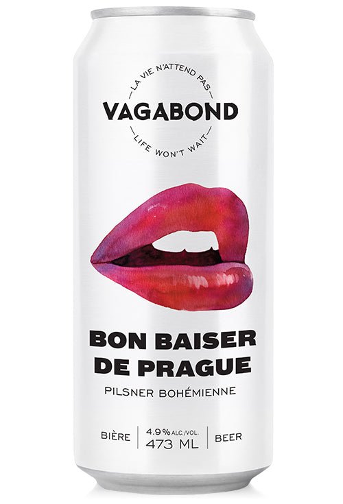 Canette de bière Vagabond Bon Baiser de Prague – Pilsner bohémienne 4.9% illustrée de lèvres rouges, bière blonde douce et raffinée du Québec.