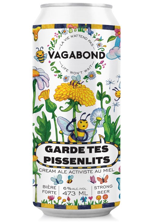 Canette de bière Vagabond Garde tes Pissenlits – Cream Ale activiste au miel 6%, bière forte artisanale illustrée d’abeilles et de fleurs, hommage à la nature et à la pollinisation.