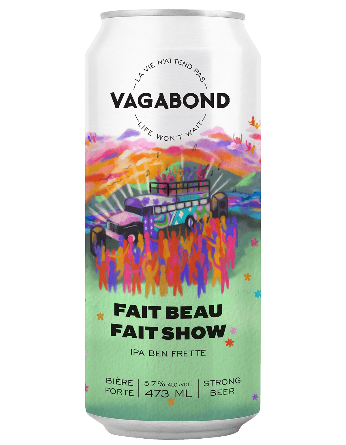 Canette de bière Vagabond Fait Beau Fait Show – IPA Ben Frette forte et rafraîchissante, 473 ml, brassée au Québec avec Mixbus Studios
