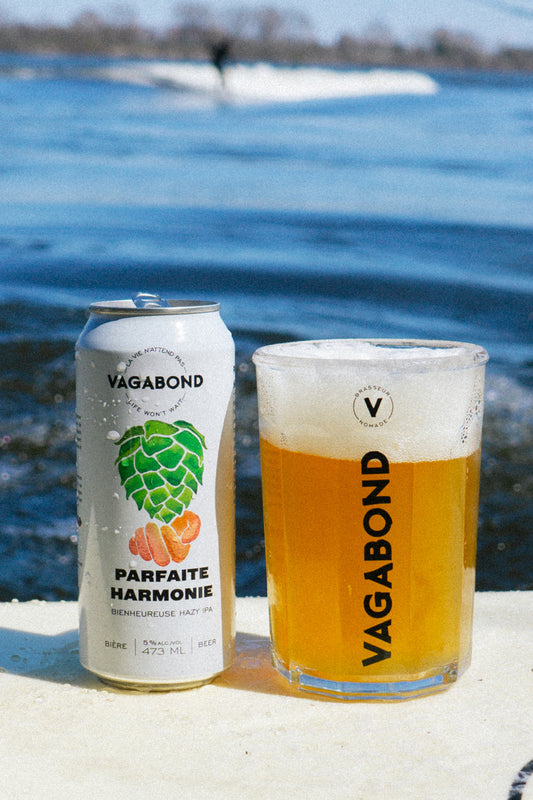 Canette et verre de bière Vagabond Parfaite Harmonie – Hazy IPA 5%, photographiés au bord de l’eau avec un surfeur en arrière-plan, ambiance fraîche et lumineuse
