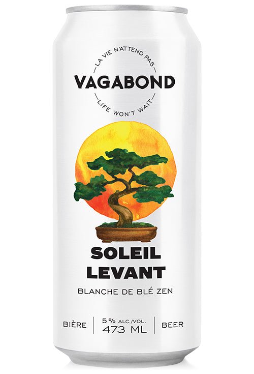Canette de bière Vagabond Soleil Levant – Blanche de blé zen, illustrée d’un bonsaï devant un grand soleil levant, bière artisanale dorée et apaisante de 473 ml à 5% d’alcool