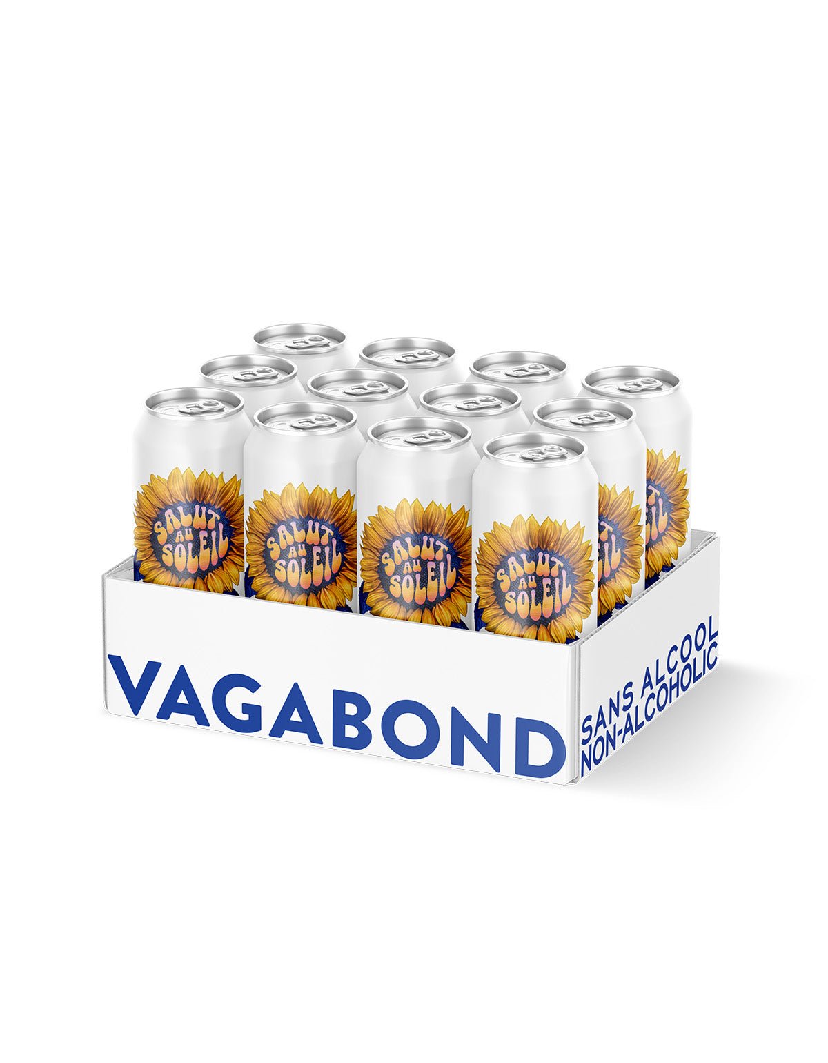 Boîte de 12 canettes de bière sans alcool Vagabond Salut au Soleil, illustrées d’un grand tournesol jaune.