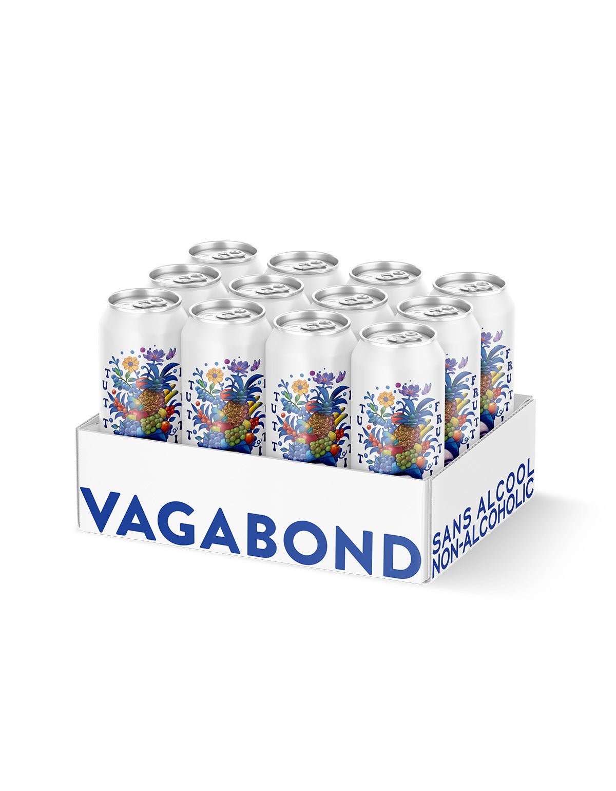 Caisse de 12 canettes de bière sans alcool Vagabond Tutti Frutti, aux illustrations colorées de petits fruits.