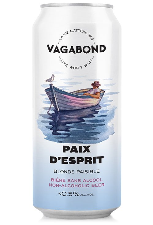 Canette de bière sans alcool Vagabond Paix d’Esprit illustrée d’un homme se reposant dans une barque sur l’eau.