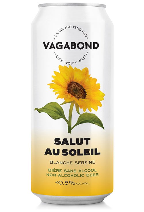 Canette de bière sans alcool Vagabond Salut au Soleil illustrée d’un grand tournesol.