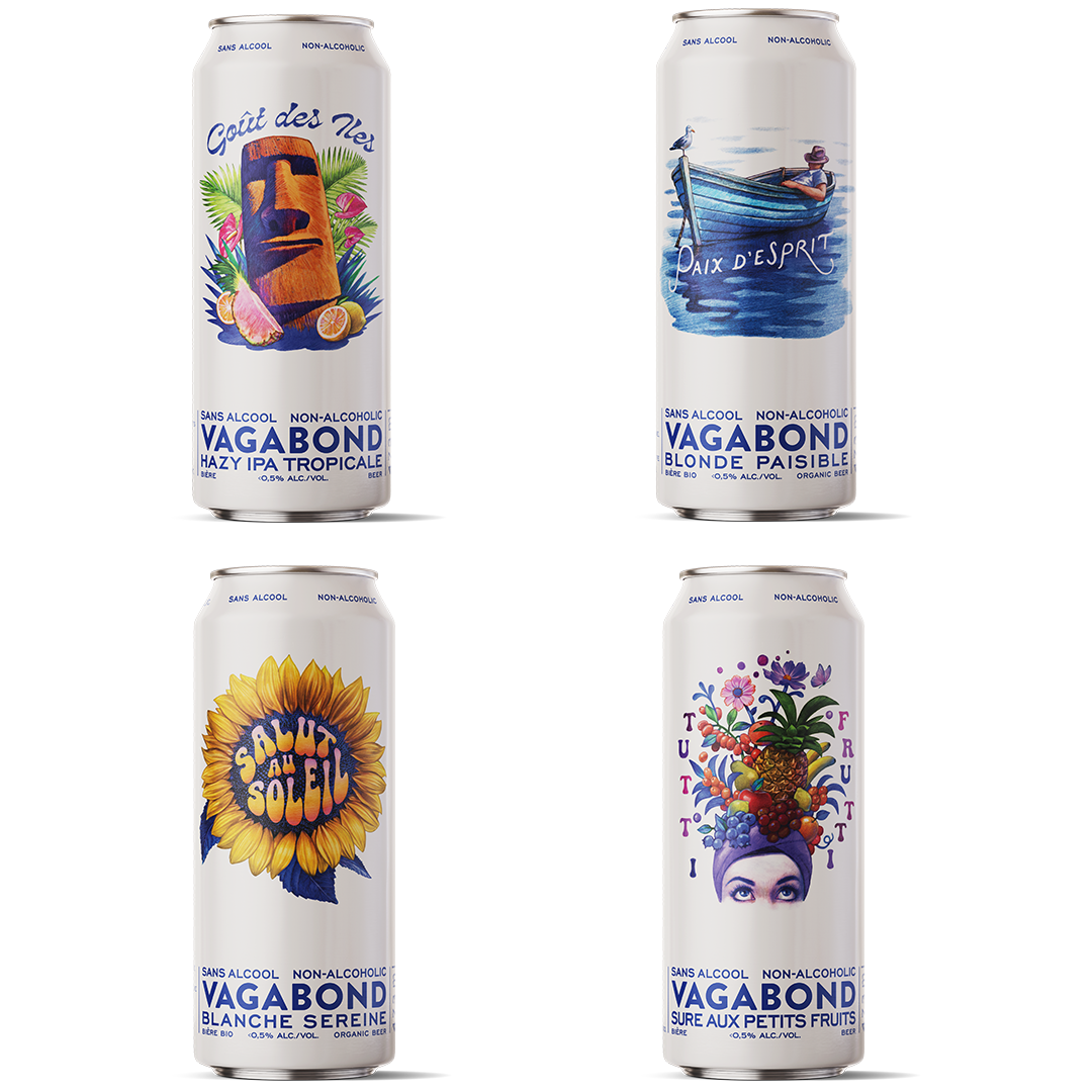 Canettes de bières des 4 variétés sans alcool : Tutti Frutti, Salut au Soleil, Goût des Îles et Paix d'Esprit.