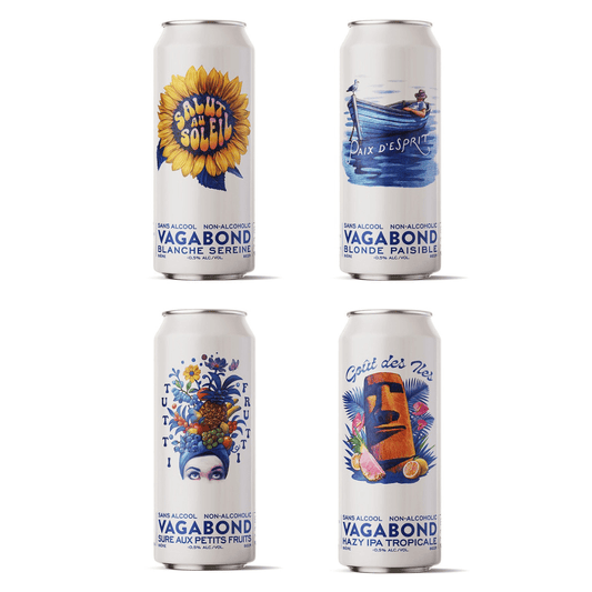 Canettes de bières des 4 variétés sans alcool : Tutti Frutti, Salut au Soleil, Goût des Îles et Paix d'Esprit.
