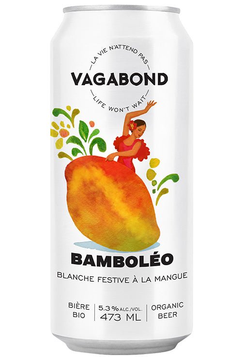 Canette de bière Vagabond Bamboléo – blanche festive à la mangue bio 5.3%, bière fruitée et rafraîchissante du Québec.