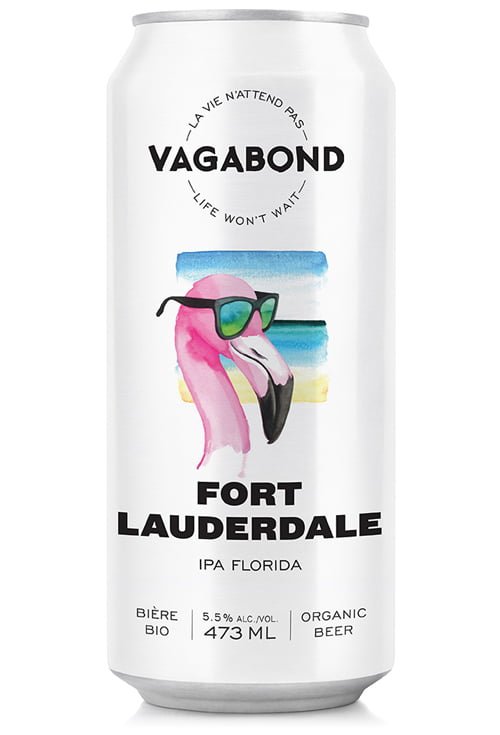 Canette de bière Vagabond Fort Lauderdale – IPA Florida bio 5.5%, bière fruitée et tropicale du Québec avec flamant rose et lunettes de soleil