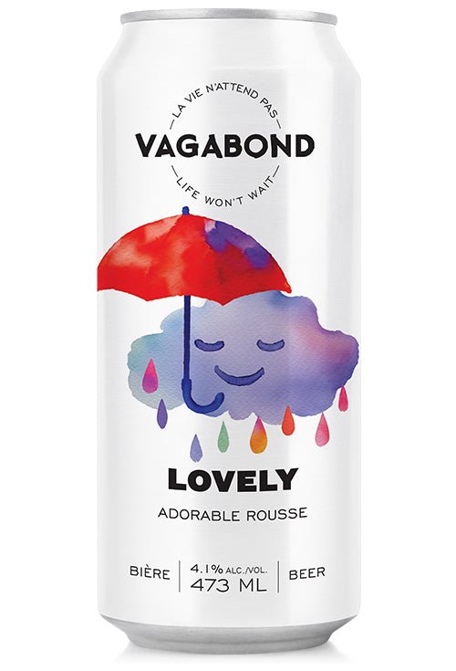 Canette de bière Vagabond Lovely – Adorable Rousse 4,1%, illustrée d’un nuage souriant sous un parapluie rouge, bière ambrée douce et réconfortante.