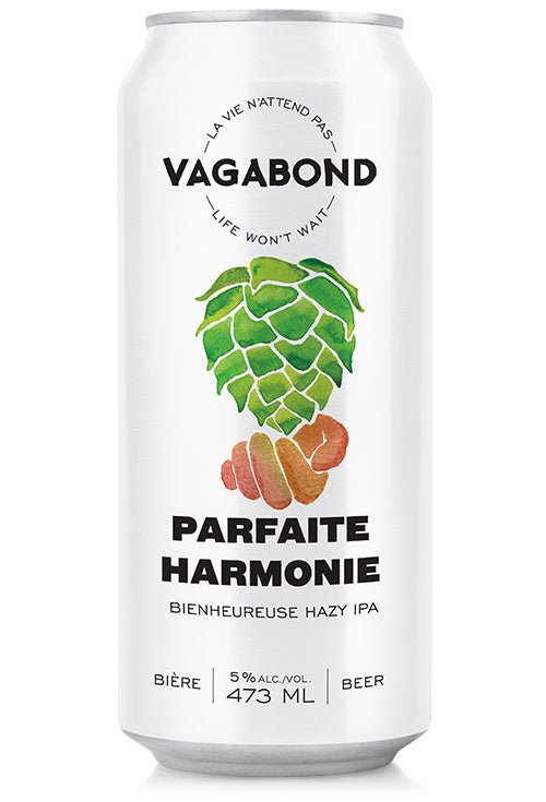Canette de bière Vagabond Parfaite Harmonie – Hazy IPA 5%, illustrée d’une main serrant un cône de houblon, bière onctueuse et fruitée, au goût doux et équilibré