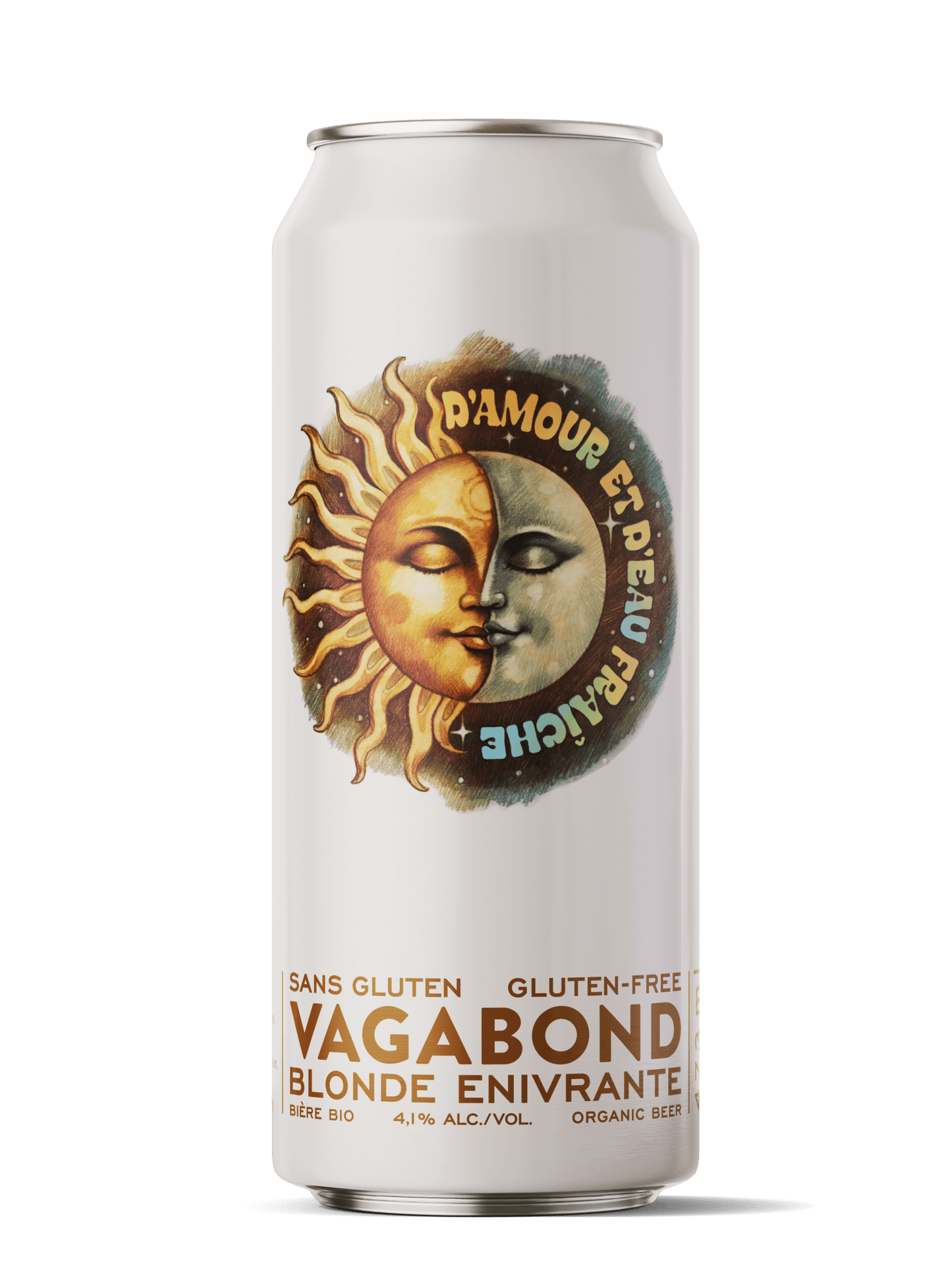 Canette de bière sans gluten Vagabond D’Amour et d’Eau Fraîche, blonde enivrante bio et rafraîchissante 473 ml