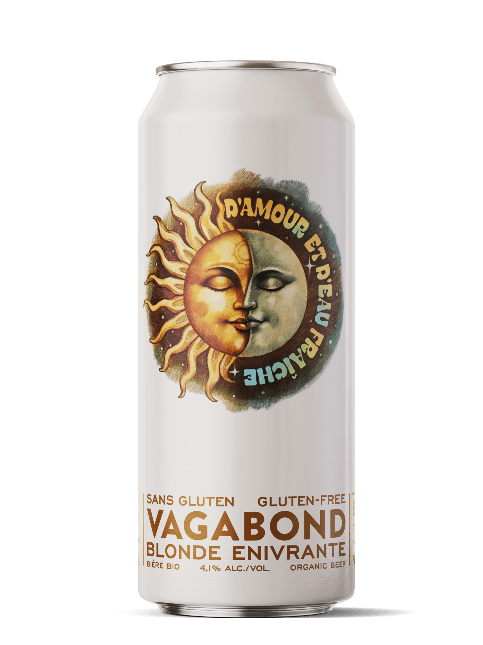 Canette de bière sans gluten Vagabond D’Amour et d’Eau Fraîche, blonde enivrante bio et rafraîchissante 473 ml