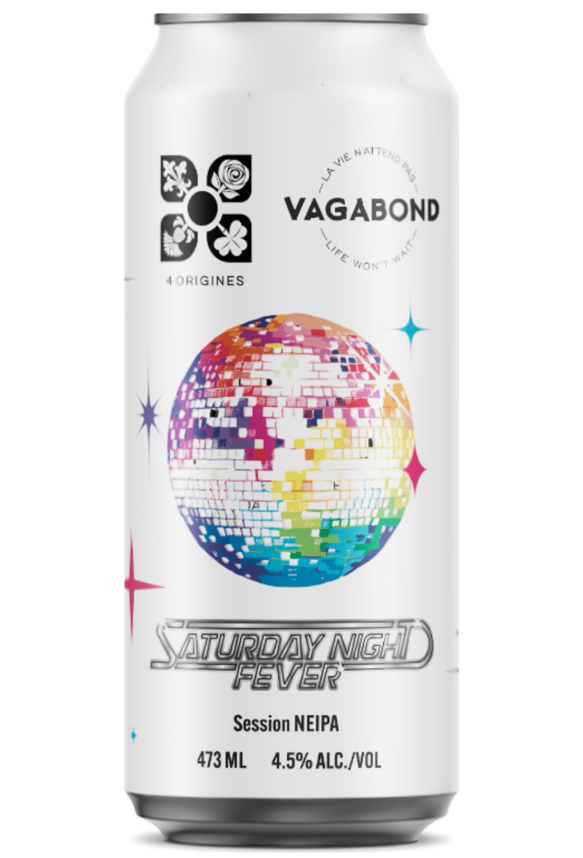 Canette de bière Saturday Night Fever – Session NEIPA 4.5% Vagabond x 4 Origines, bière fruitée et houblonnée brassée au Québec.