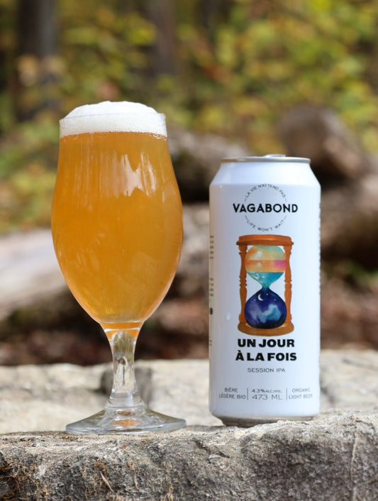 Canette et verre de bière Vagabond Un Jour à la Fois – Session IPA légère bio 4.3% brassée au Québec, photo extérieure sur une roche