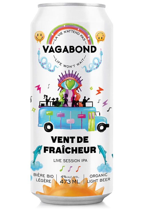 Canette de bière Vagabond Vent de Fraîcheur – Live Session IPA biologique légère 4% illustrée d’un autobus coloré et d’un arc-en-ciel, bière vive et rafraîchissante du Québec