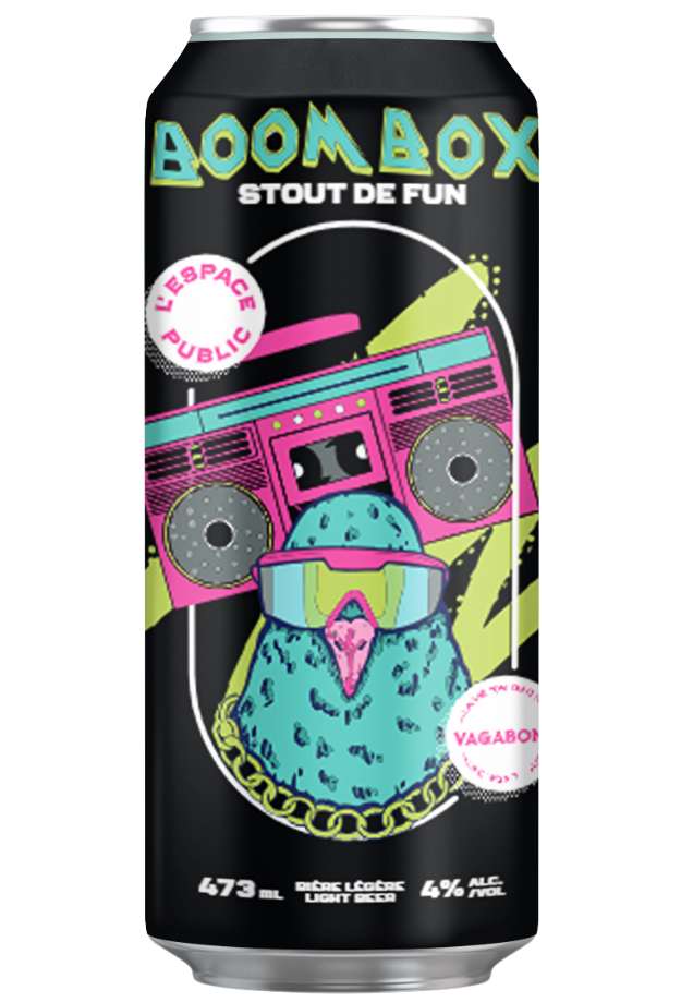 Cannette noire Boombox, une bière collaborative brassée par Espace Public et Vagabond, avec un stereo et un oiseau coloré.