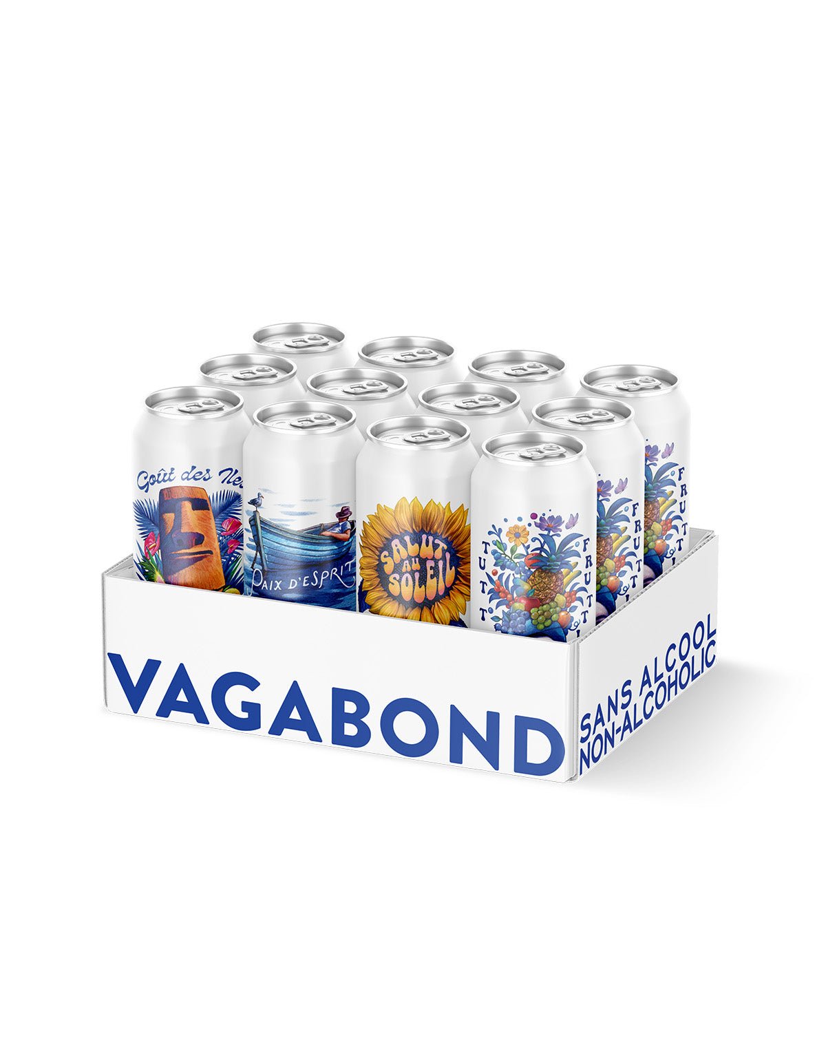 Caisse découverte de bières sans alcool Vagabond, 3x4 variétés :Tutti Frutti, Salut au Soleil, Goût des Îles, Paix d’Esprit.