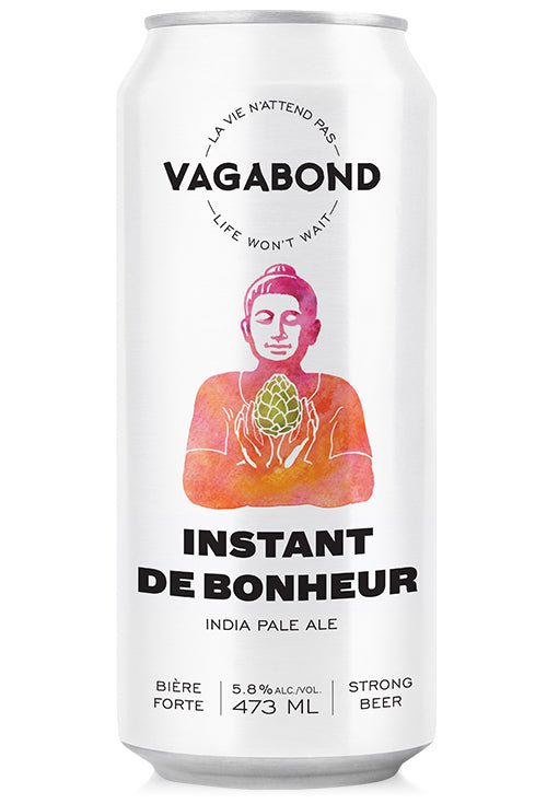 Canette de bière Vagabond Instant de Bonheur – India Pale Ale illustrée d’un personnage méditant tenant un cône de houblon, bière artisanale dorée et équilibrée de 473 ml à 5.8% d’alcool
