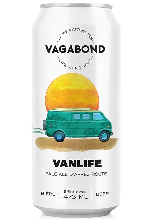 Canette de bière Vagabond Vanlife – Pale Ale d’après route, design illustré d’un van vert roulant vers le coucher de soleil, style aquarelle, 473 ml 5%