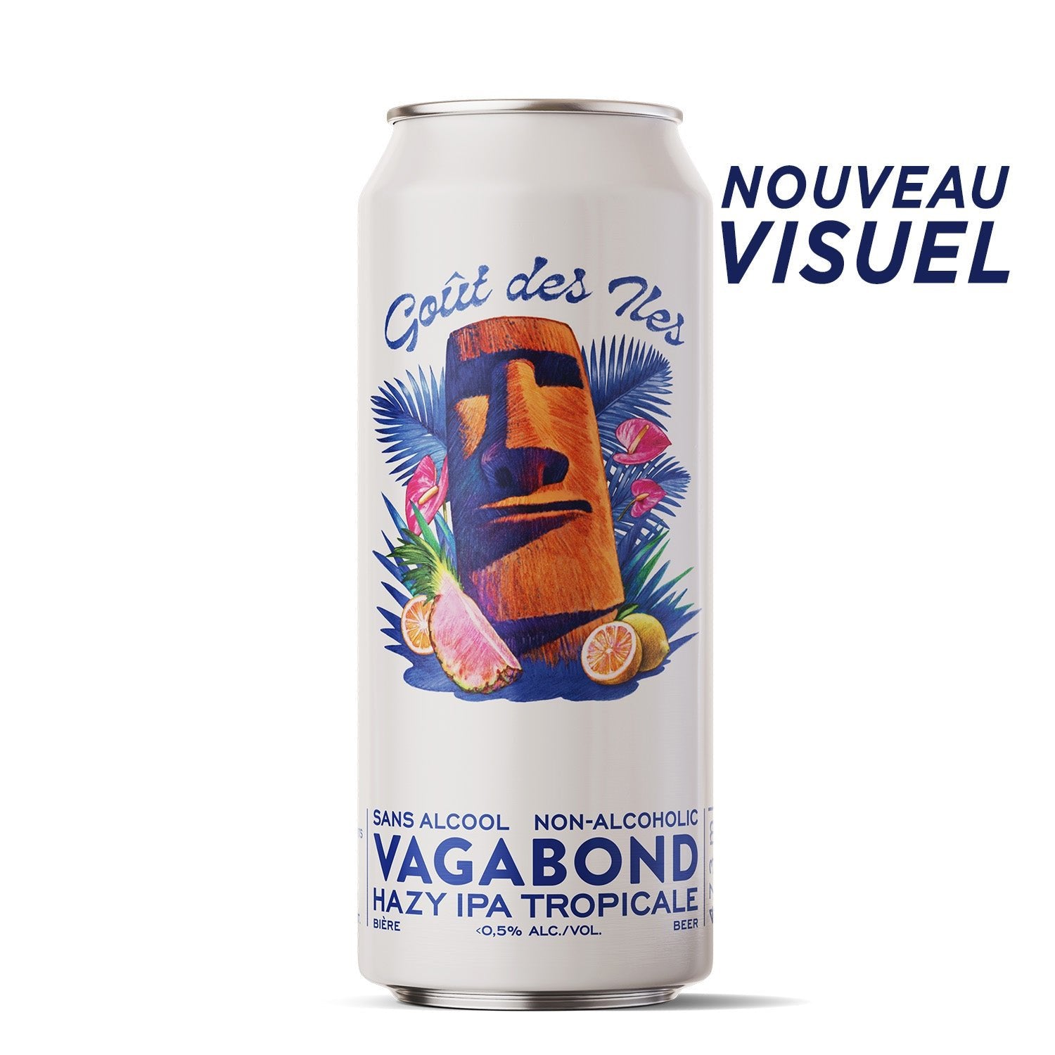 Nouveau visuel de la bière sans alcool Vagabond Goût des Îles illustrée d’une statue entourée de fleurs tropicales.