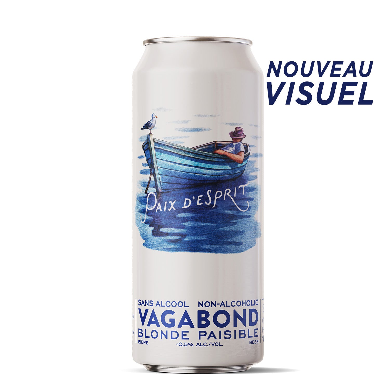 Nouveau visuel de la bière sans alcool Vagabond Paix d’Esprit illustrée d’un homme couché dans une barque sur l’eau.