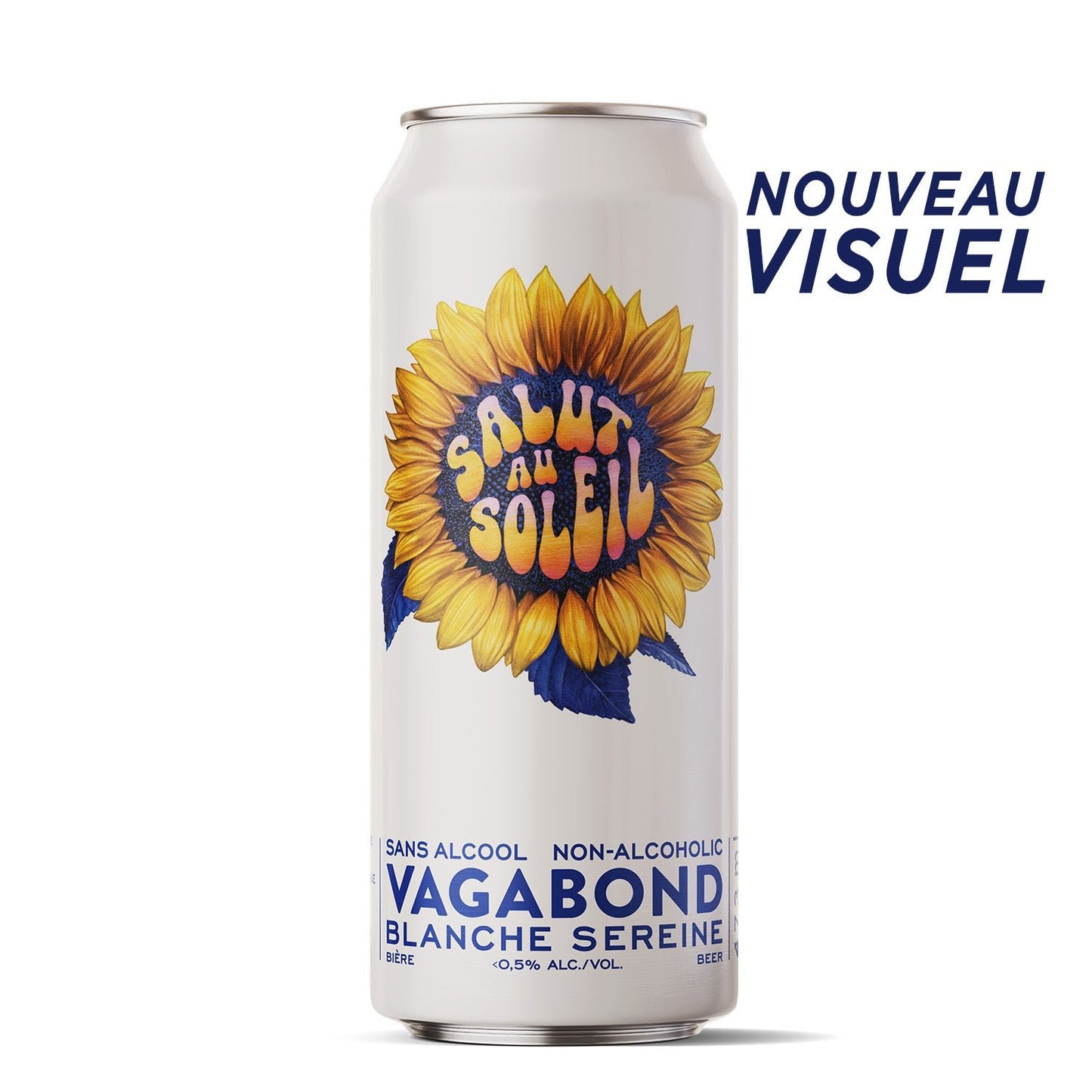 Nouveau visuel de la bière sans alcool Vagabond Salut au Soleil illustrée d’un grand tournesol.