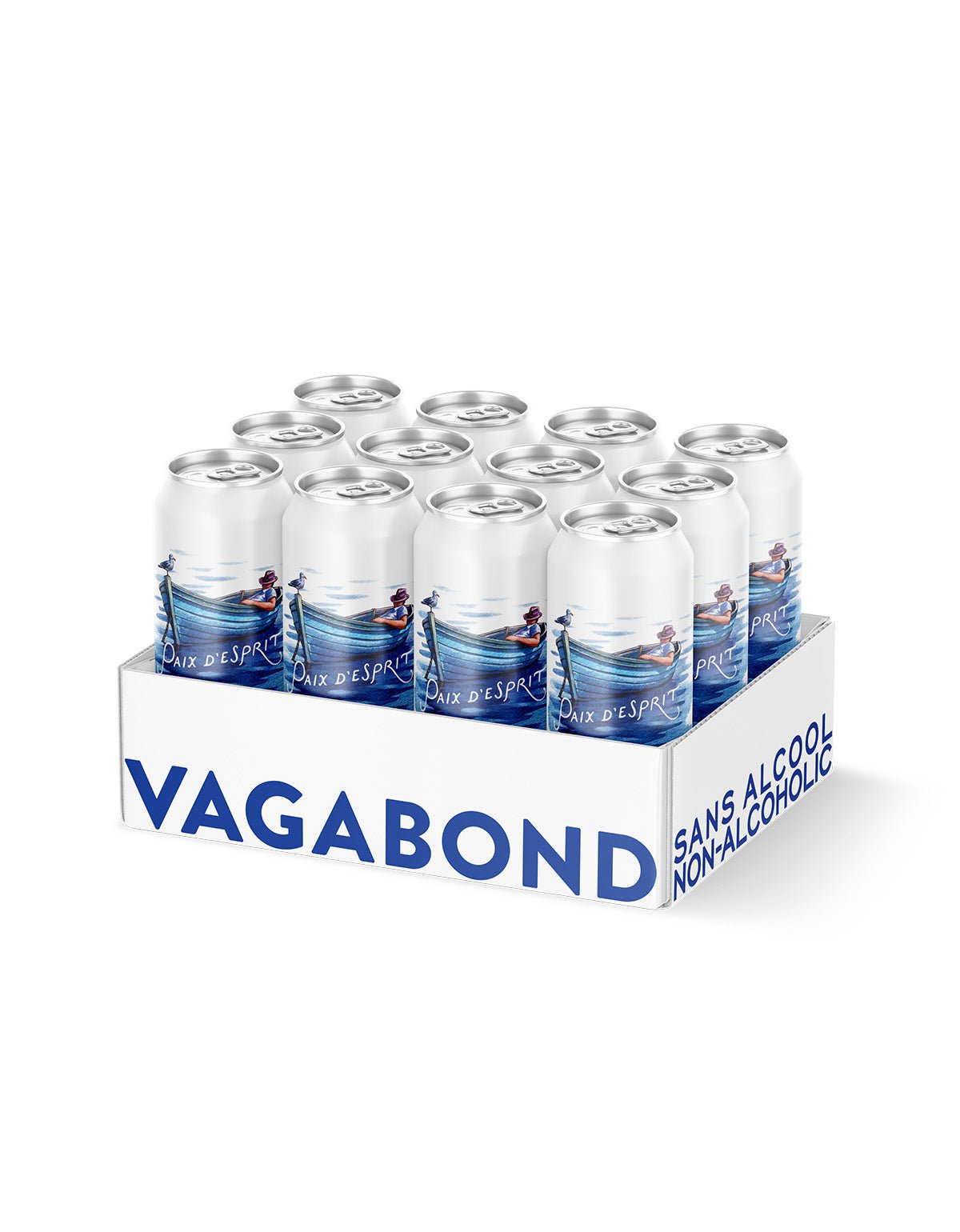 Boîte/caisse de 12 canettes de bière sans alcool Vagabond Paix d’Esprit, illustrées d’un homme dans une barque sur l’eau.